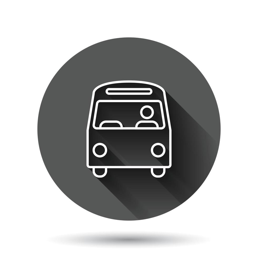 Bus icon in flat style. Coach vector illustration on black round background with long shadow effect. Autobus vehicle circle button business concept.