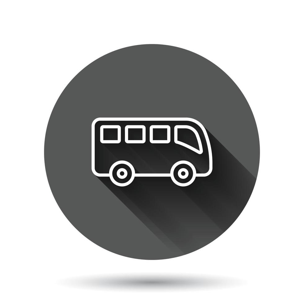 Bus icon in flat style. Coach vector illustration on black round background with long shadow effect. Autobus vehicle circle button business concept.