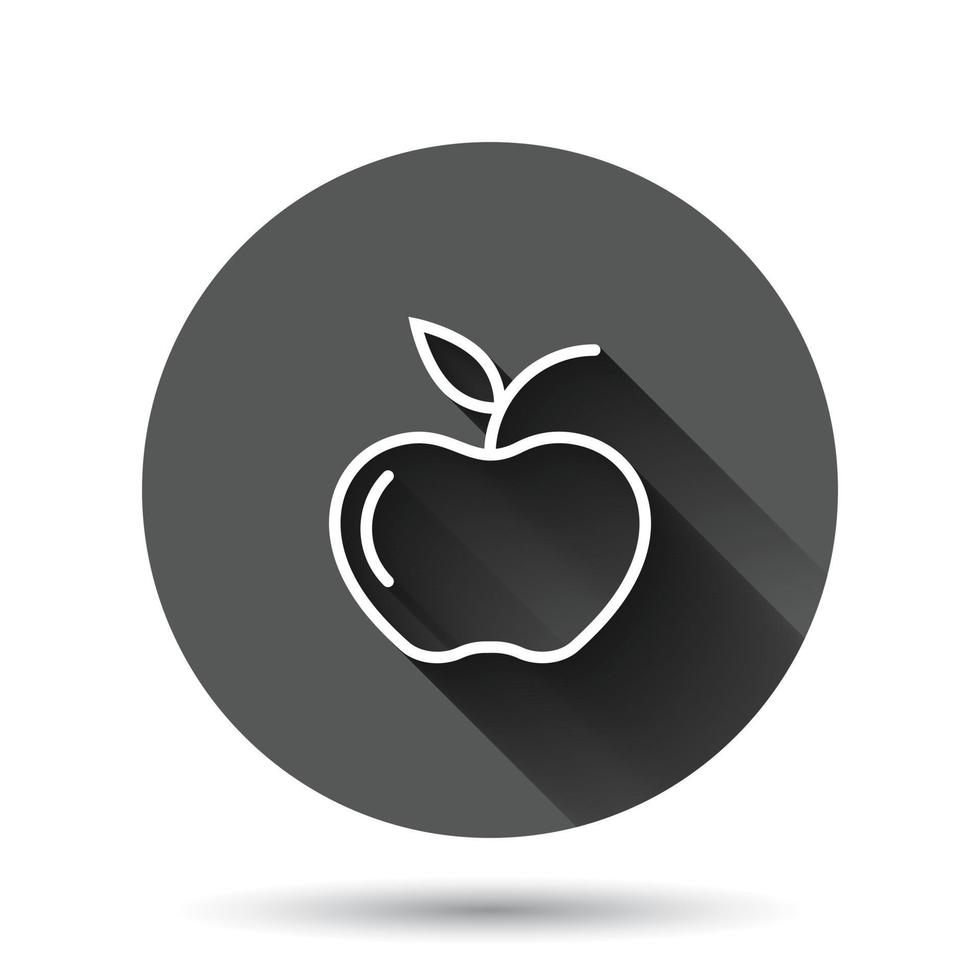 Apple icon in flat style. Fresh fruit vector illustration on black round background with long shadow effect. Juicy food circle button business concept.