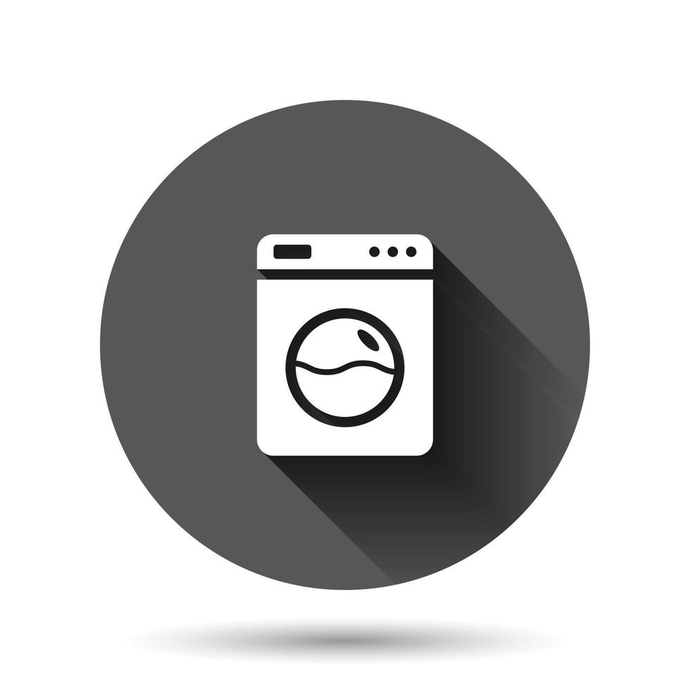 Washing machine icon in flat style. Washer vector illustration on black round background with long shadow effect. Laundry circle button business concept.