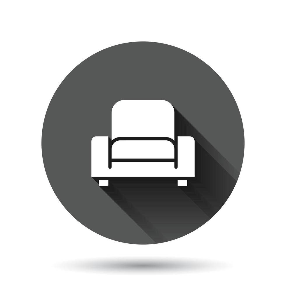 Cinema chair icon in flat style. Armchair vector illustration on black round background with long shadow effect. Theater seat circle button business concept.