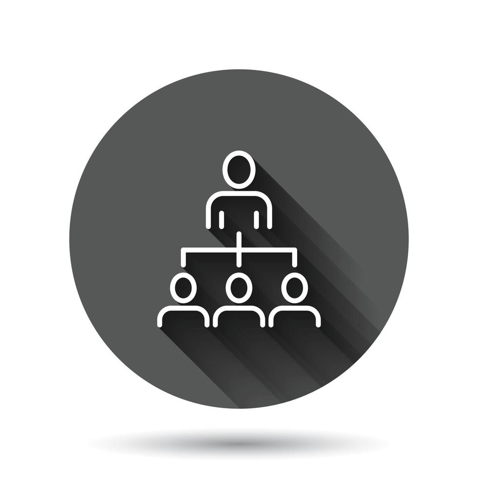 Corporate organization chart with business people vector icon in flat style. People cooperation illustration on black round background with long shadow effect. Teamwork circle button business concept.