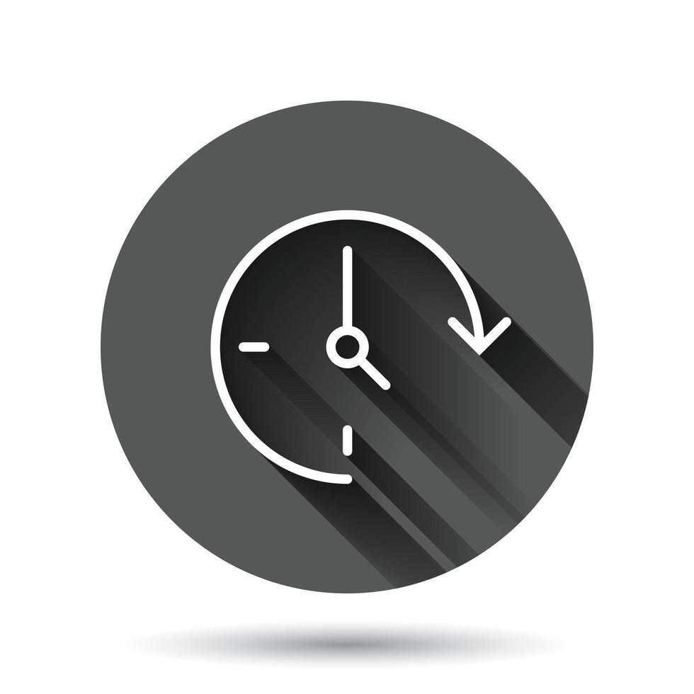 icono de reloj en estilo plano. ver ilustración vectorial sobre fondo redondo negro con efecto de sombra larga. concepto de negocio de botón de círculo de temporizador. vector