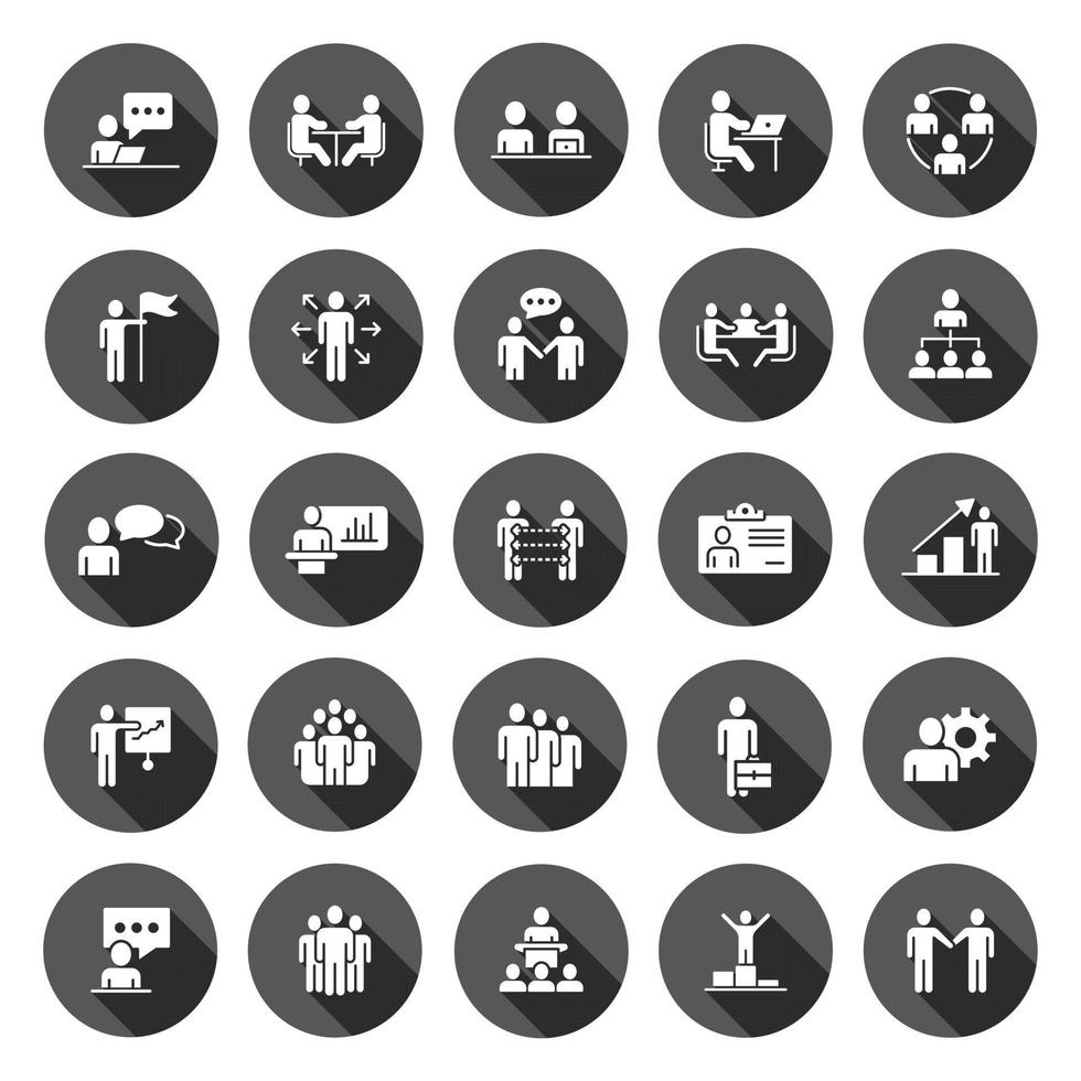 Business communication icon set in flat style. Team structure vector illustration on black round background with long shadow effect. Office teamwork circle button business concept.