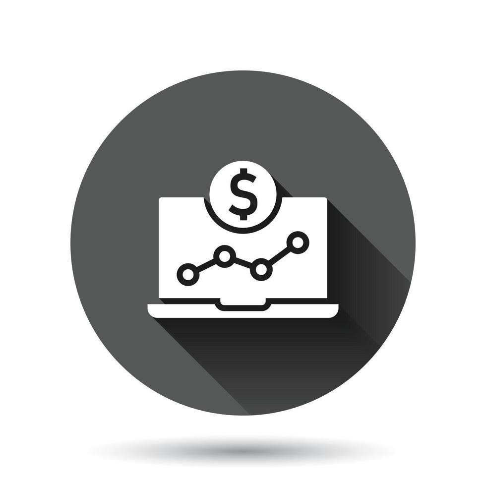 Laptop computer chart icon in flat style. Money diagram vector illustration on black round background with long shadow effect. Financial process circle button business concept.