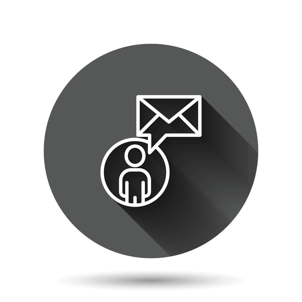 People with envelope icon in flat style. Email receive vector illustration on black round background with long shadow effect. Message circle button business concept.