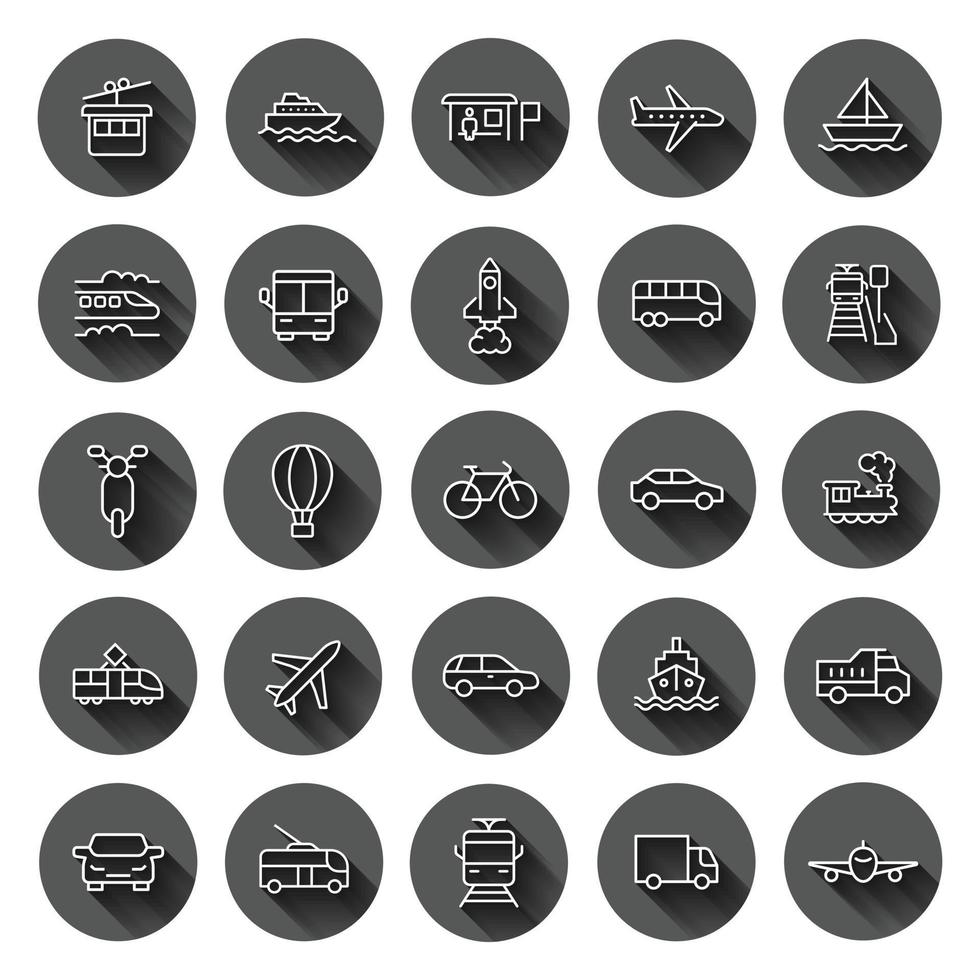 Transport icon set in flat style. Car vector collection illustration on black round background with long shadow effect. Shipping transportation circle button business concept.
