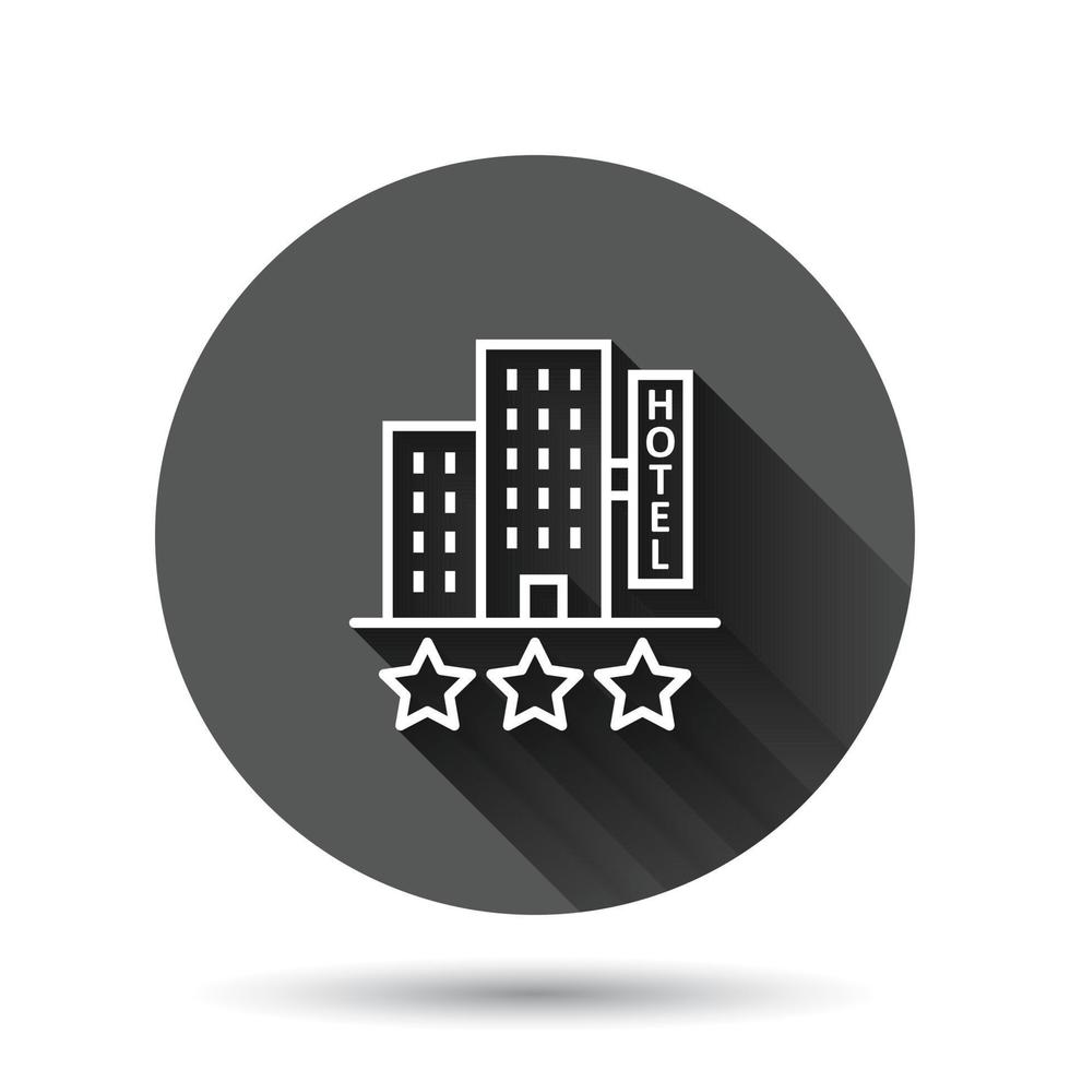 icono de signo de hotel 3 estrellas en estilo plano. posada edificio ilustración vectorial sobre fondo negro redondo con efecto de sombra larga. concepto de negocio de botón de círculo de habitación de albergue. vector