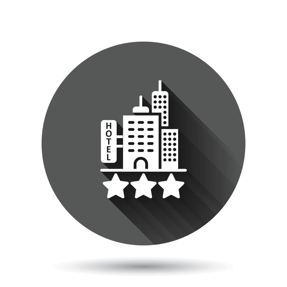 Hotel 3 stars sign icon in flat style. Inn building vector illustration on black round background with long shadow effect. Hostel room circle button business concept.