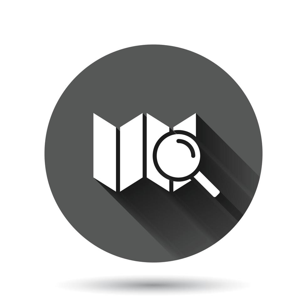 Search location icon in flat style. gps navigation vector illustration on black round background with long shadow effect. Locate position circle button business concept.