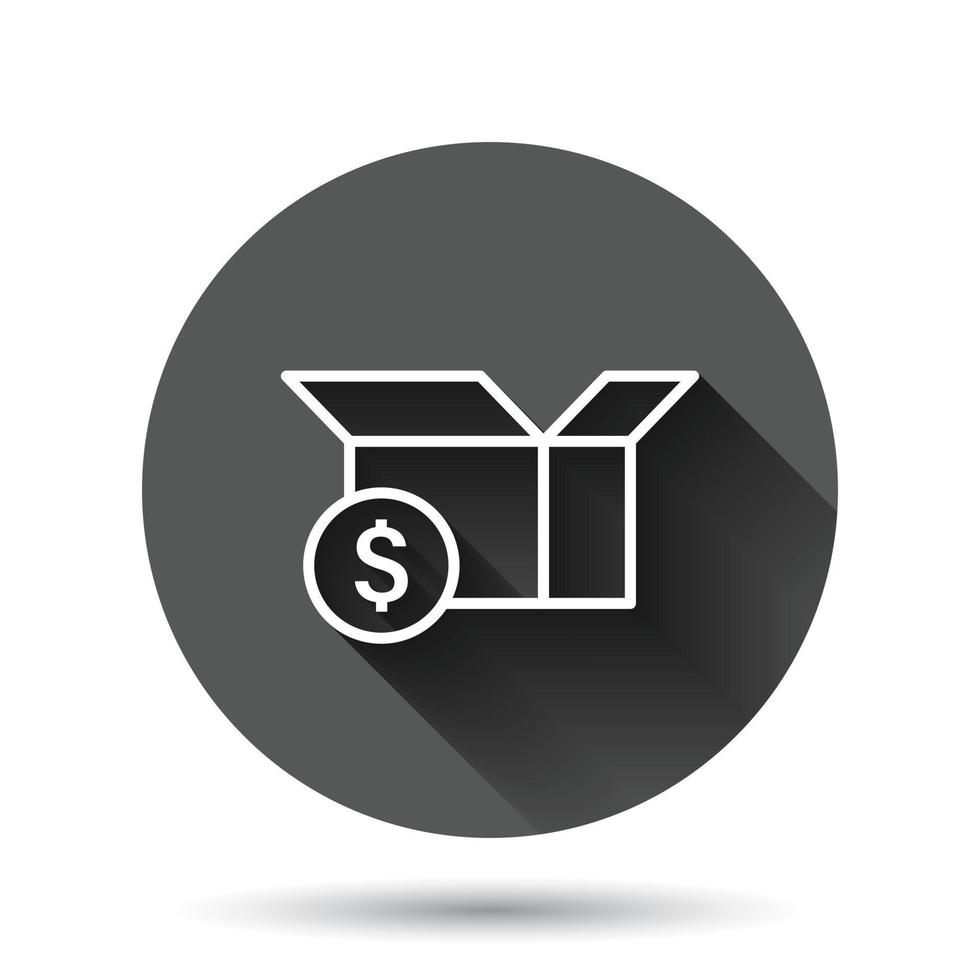 Shipping box with dollar icon in flat style. Container vector illustration on black round background with long shadow effect. Cardboard package circle button business concept.