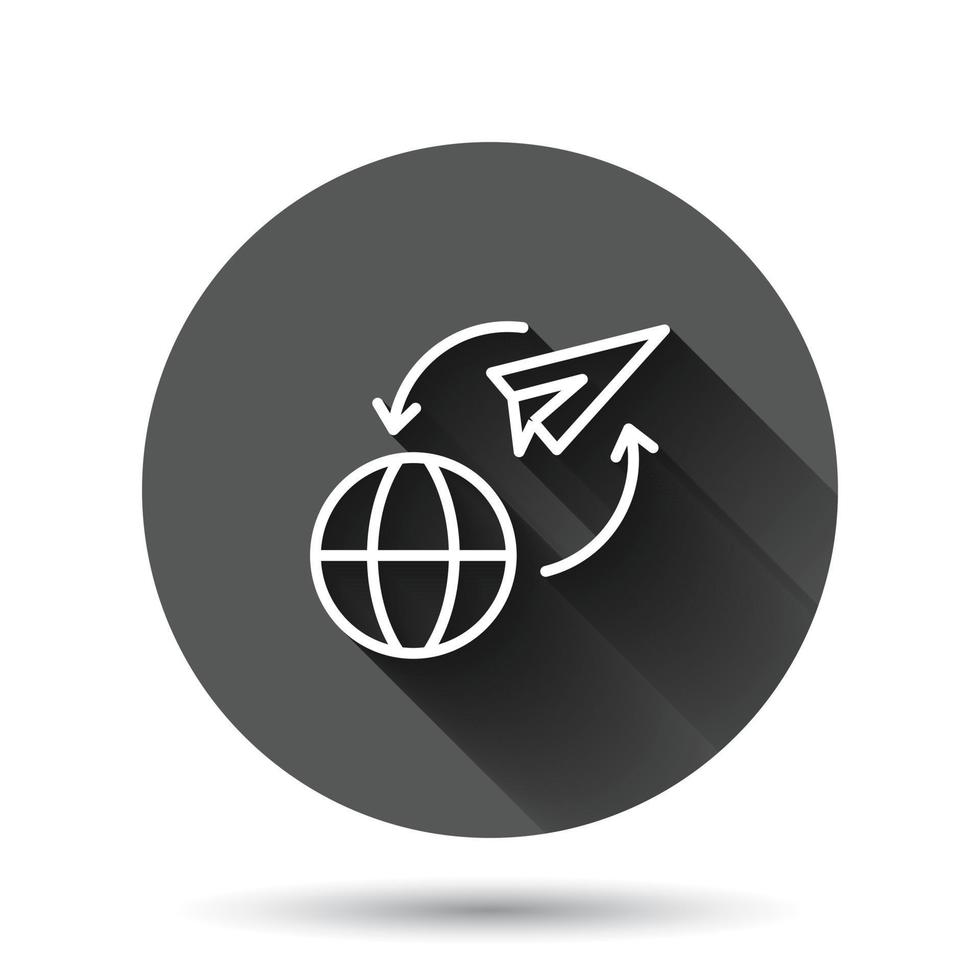 Global travel icon in flat style. Paper plane vector illustration on black round background with long shadow effect. International transport circle button business concept.
