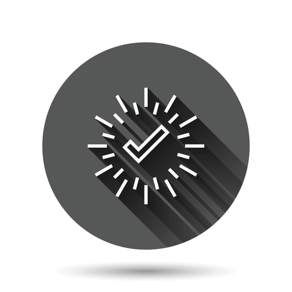 Check mark sign icon in flat style. Confirm button vector illustration on black round background with long shadow effect. Accepted circle button business concept.