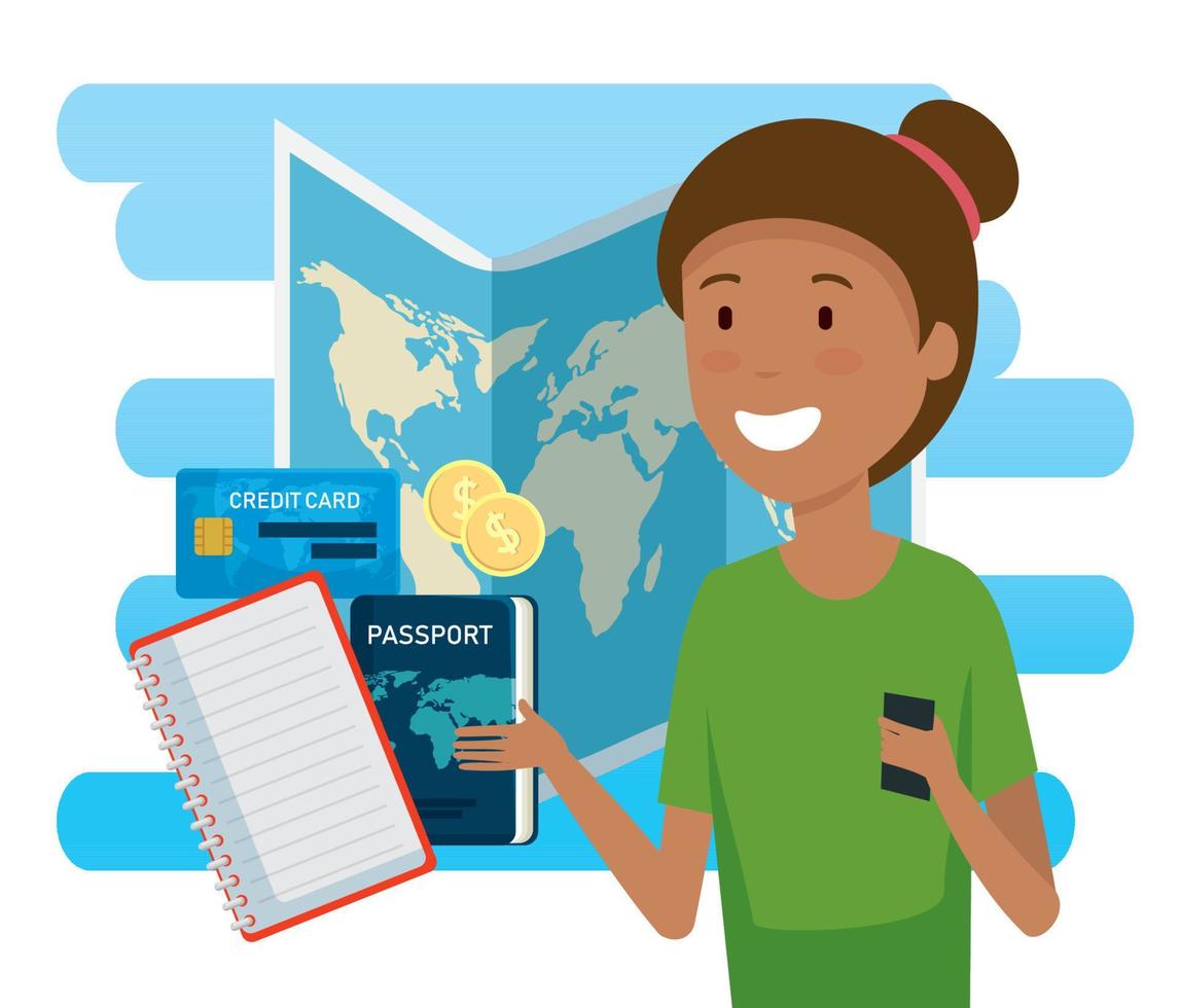 mujer turista con mapa global y pasaporte vector