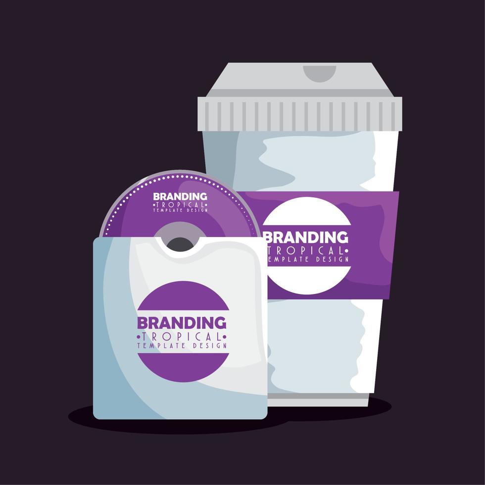 tropical branding with compact disk and plastic coffee cup vector