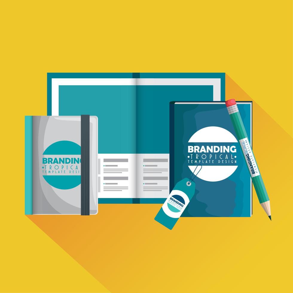 business brochure with pen and notebooks with label vector