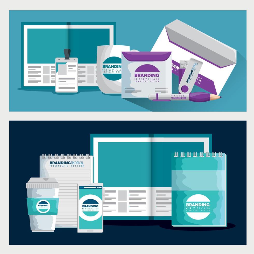 conjunto de folleto comercial con estilo de producto de marca vector