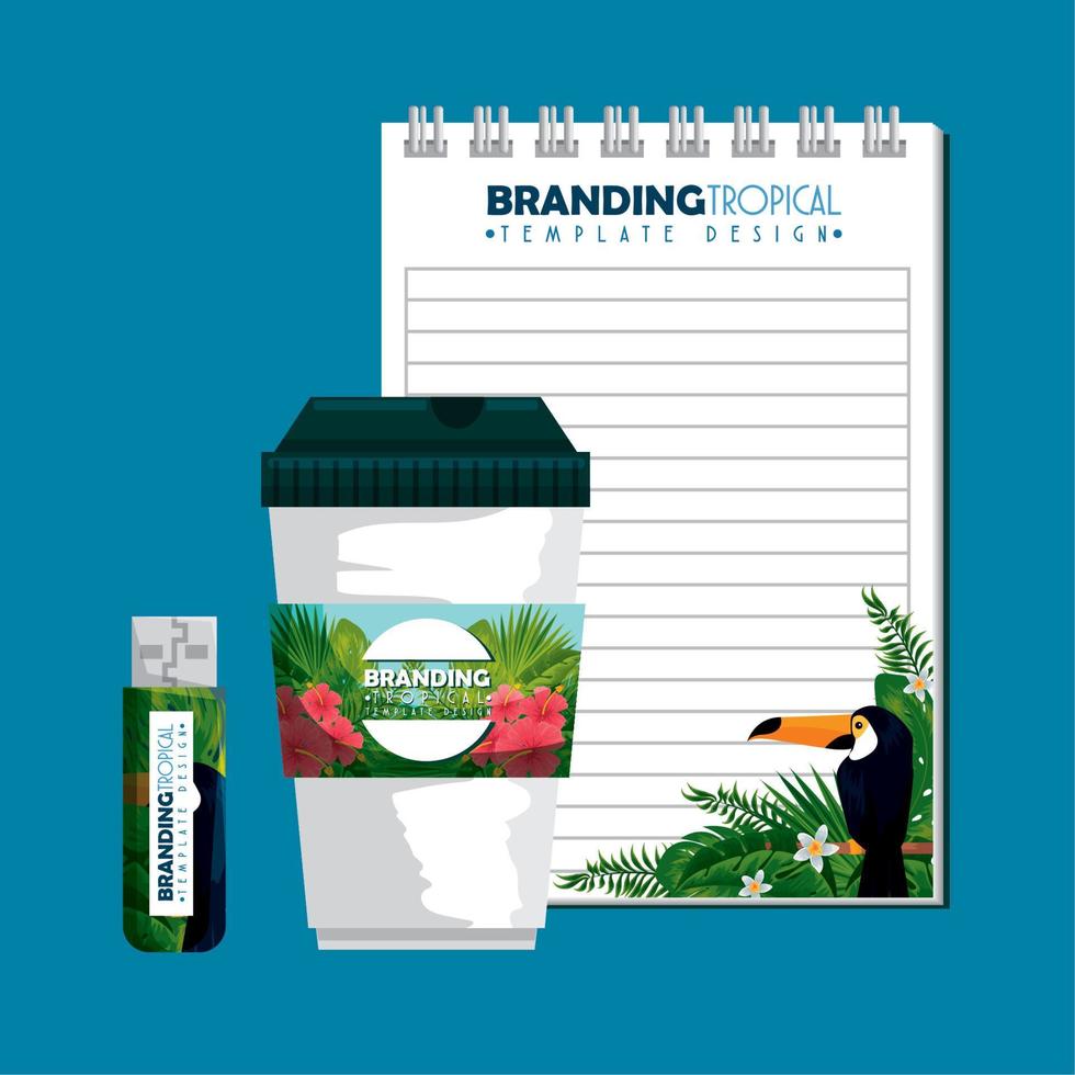 tropical design of plastic coffee cup and notebook vector