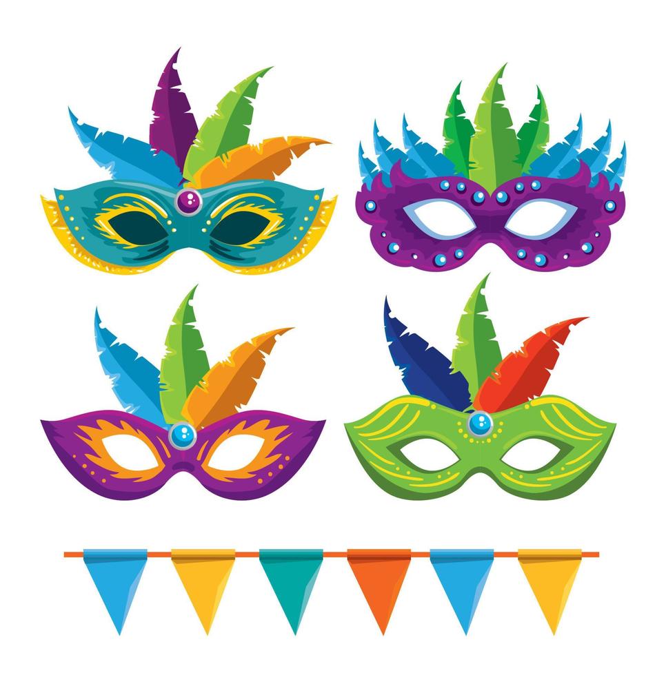 conjunto de máscaras de carnaval con decoración de plumas y pancarta de fiesta vector