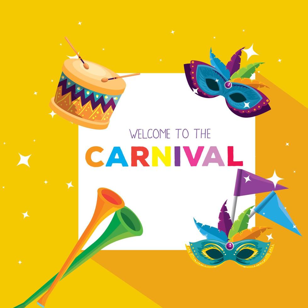 carnival card with masks decoration and trumpet vector