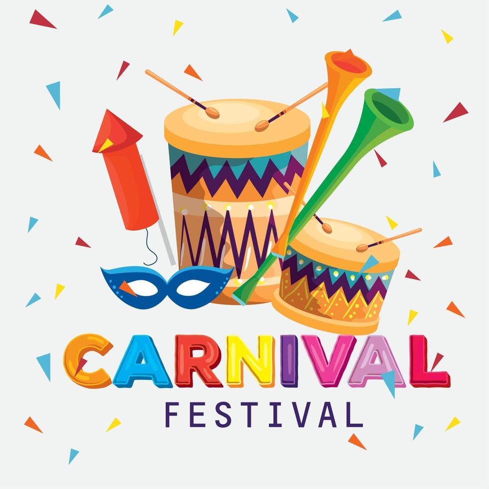 traditional drum with trumpet and mask to carnival festival vector