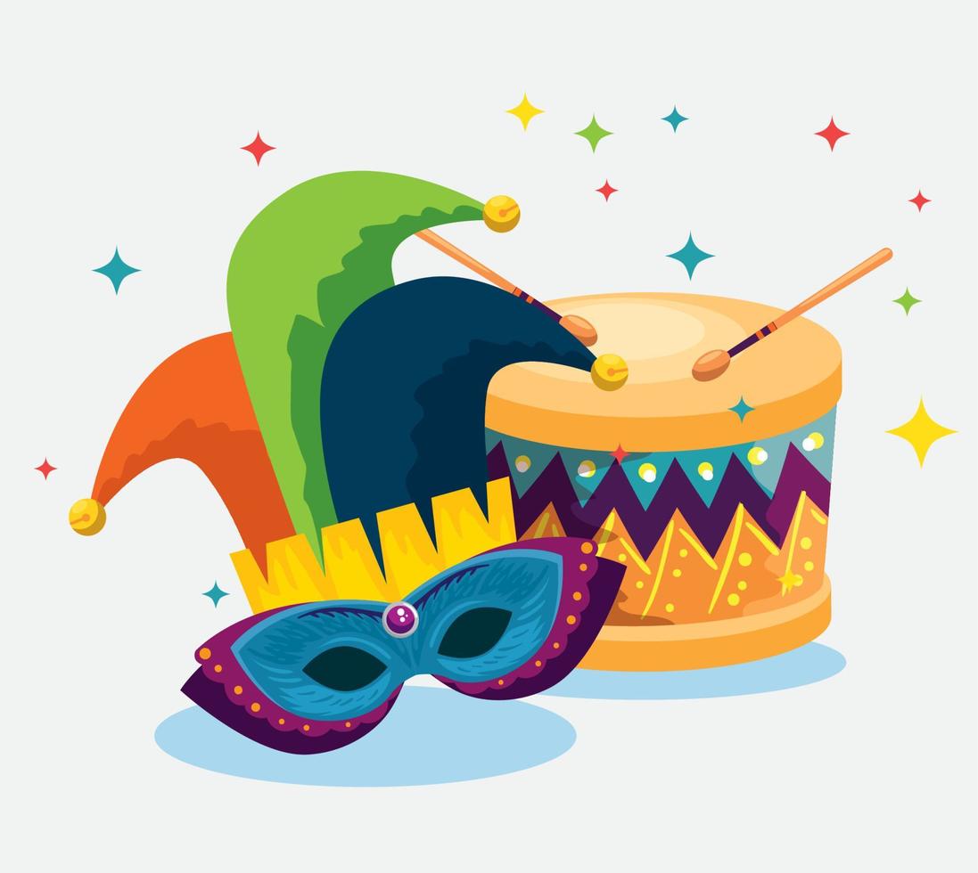 joker hat with mask decoration and drum to carnival celebration vector