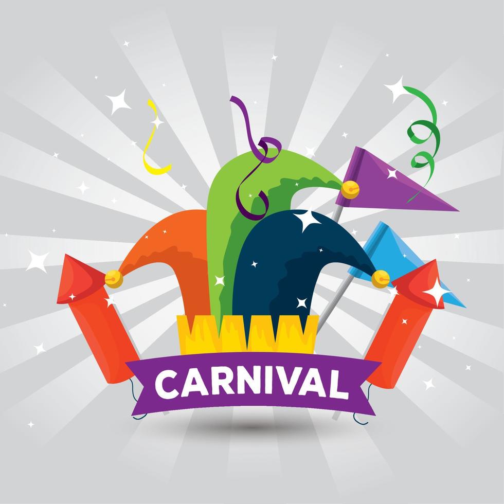 joker hat decoration with flags and fireworks to carnival celebration vector