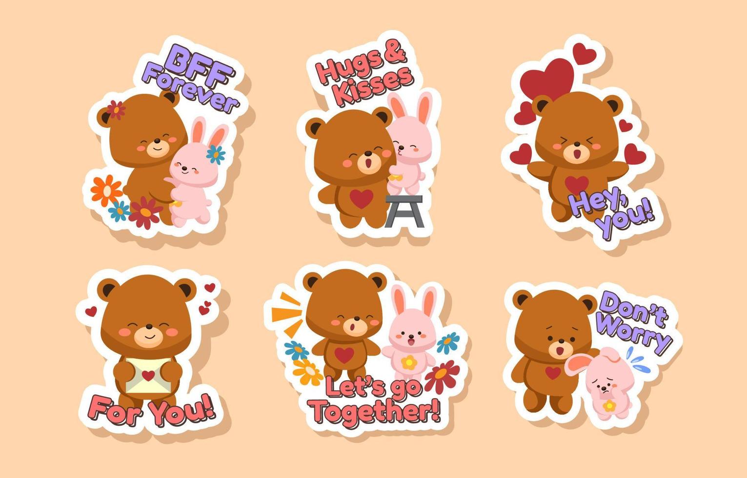 Cute Bear and Rabbit Friendship Chat Message Stickers vector