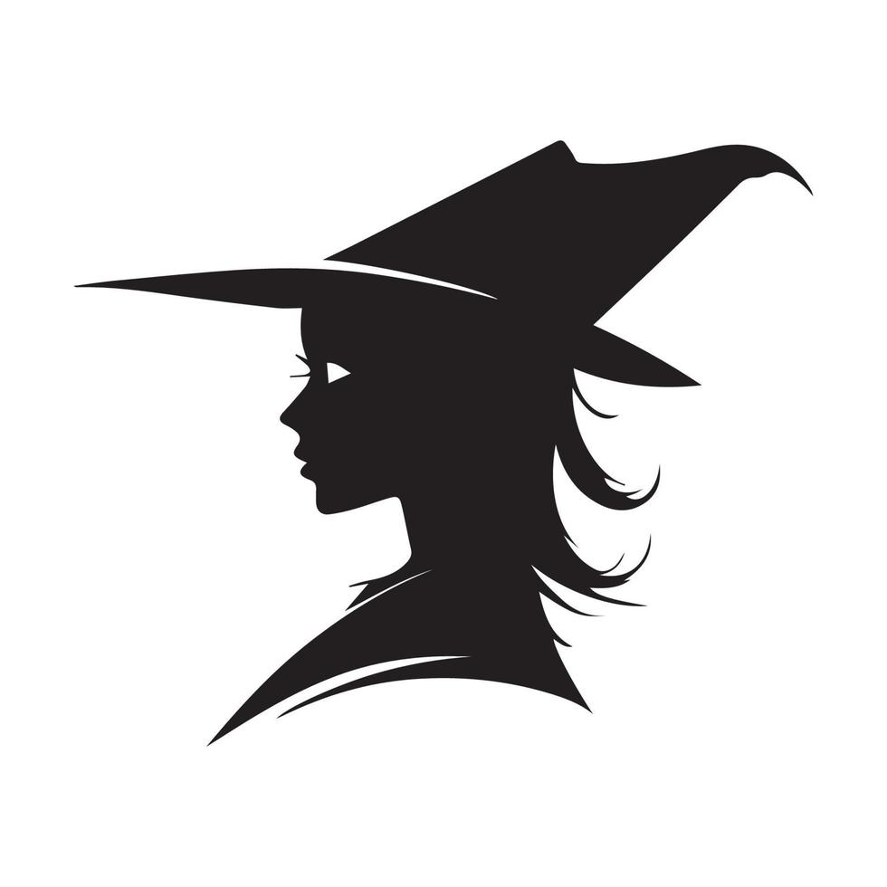 Head of a witch vector icon. Scary wizard with a big pointy hat using black magic. Spooky scary