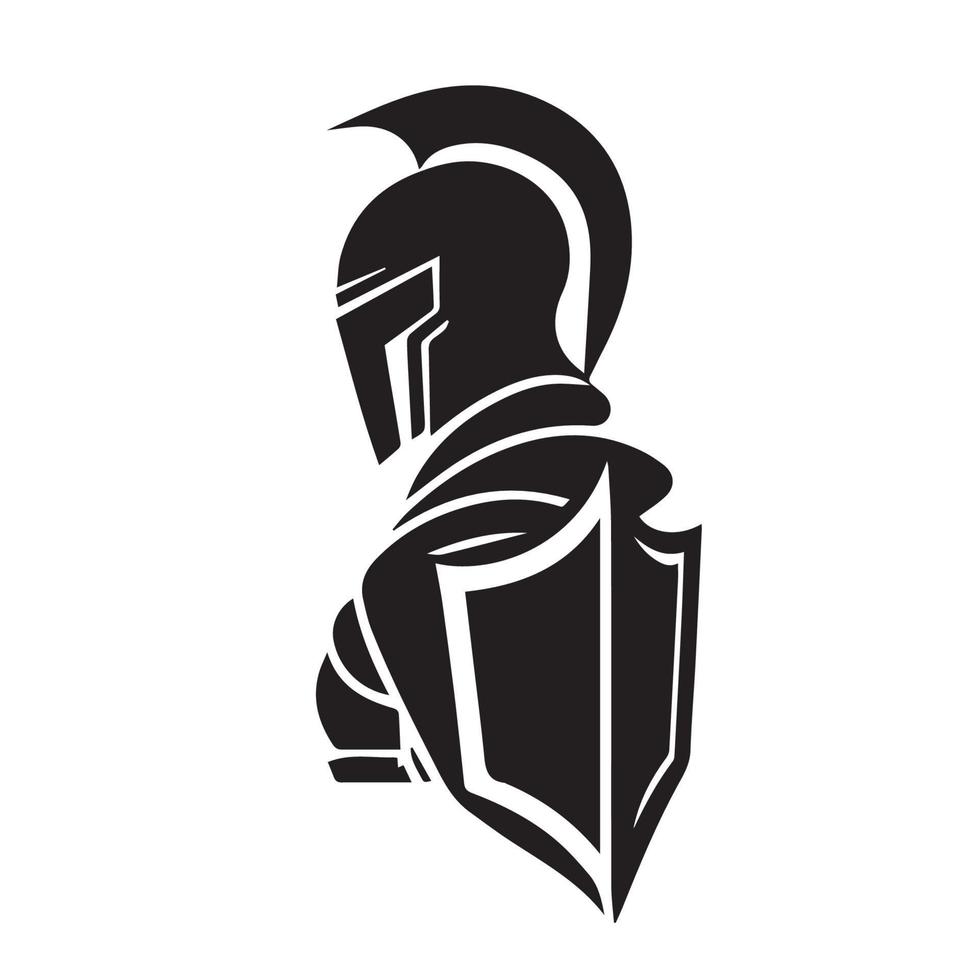 Medieval knight in armor, vector logo. Simple clean modern icon of a warrior with shield and helmet going to battle. Military soldier. Idea of protection, security. Business mascot. Sword badge.