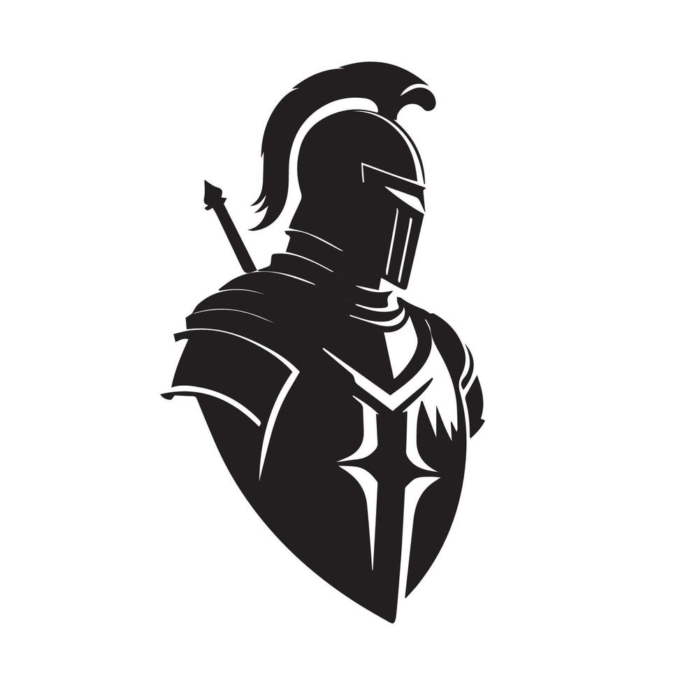 caballero medieval con armadura, logotipo vectorial. ícono moderno simple y limpio de un guerrero con escudo y casco que va a la batalla. soldado militar idea de protección, seguridad. mascota de negocios insignia de espada. vector