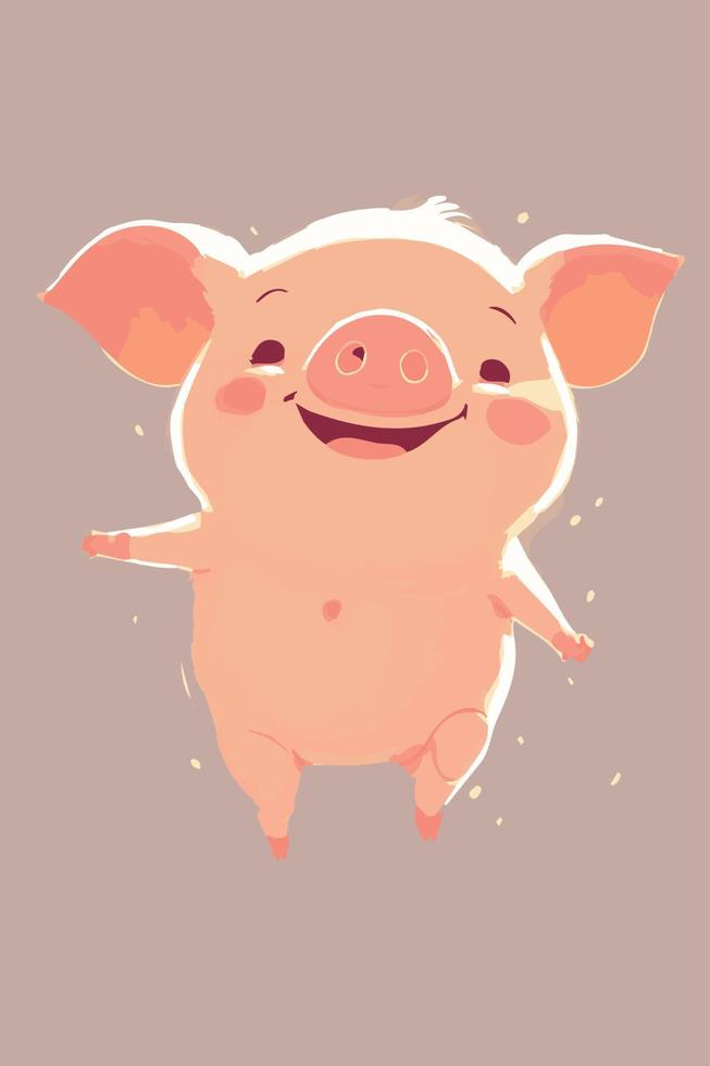 Happy cheerful cartoon pig. Small adorable piglet. Drawing illustration of farm animal. Happy poster vector