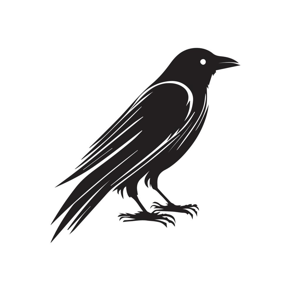 Crow minimal black and white vector illustration icon. Black bird with feathers and dark beak.