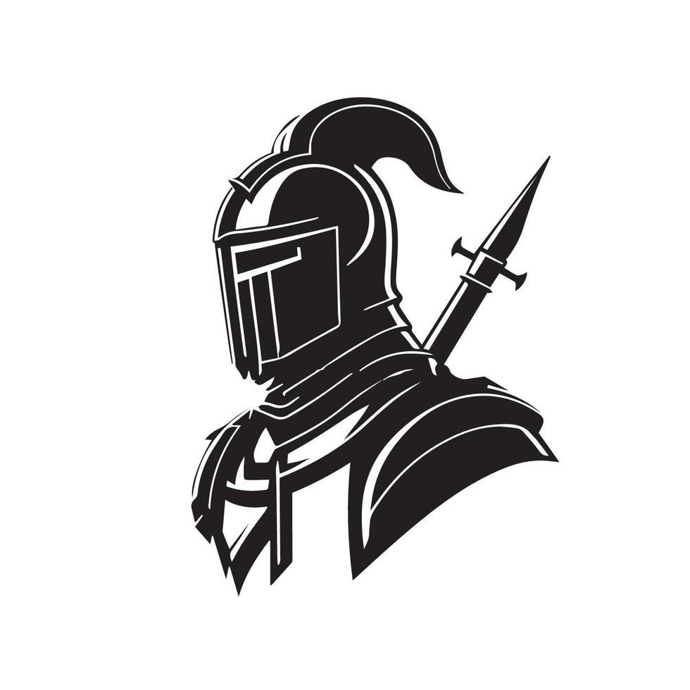 Medieval knight in armor, vector logo. Simple clean modern icon of a warrior with shield and helmet going to battle. Military soldier. Idea of protection, security. Business mascot. Sword badge.