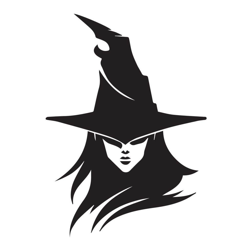 Head of a witch vector icon. Scary wizard with a big pointy hat using black magic. Spooky scary