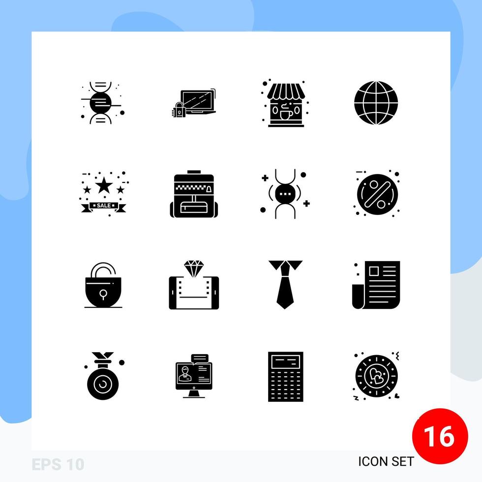 16 Universal Solid Glyphs Set for Web and Mobile Applications sale tag commerce cafe black friday globe Editable Vector Design Elements