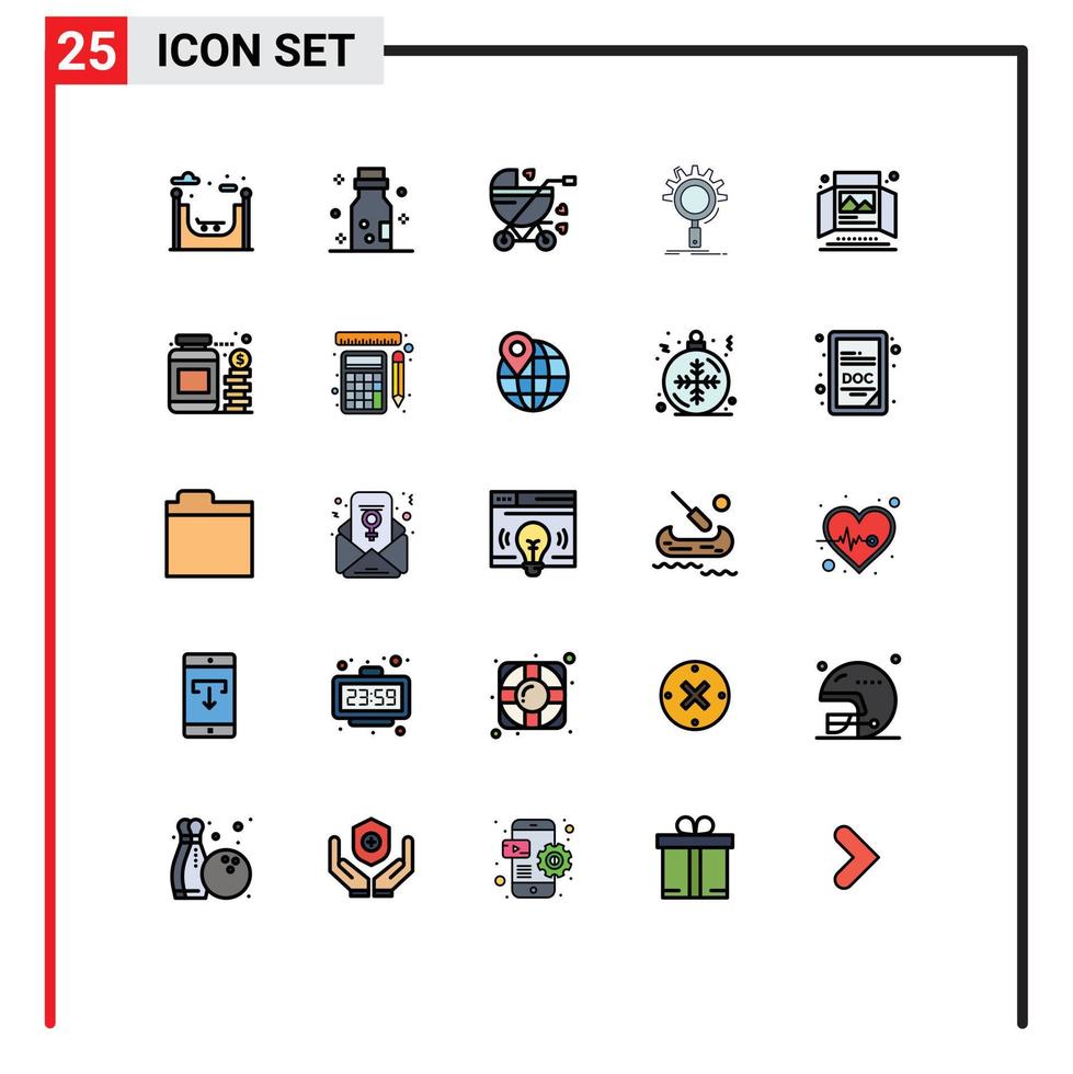 25 Universal Filled line Flat Colors Set for Web and Mobile Applications advertisement setting baby process search Editable Vector Design Elements