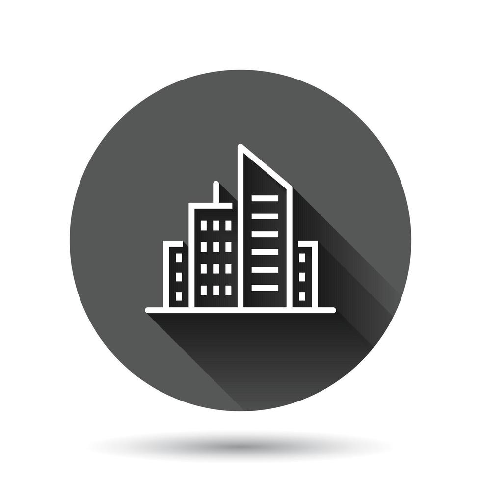 Building icon in flat style. Town skyscraper apartment vector illustration on black round background with long shadow effect. City tower circle button business concept.