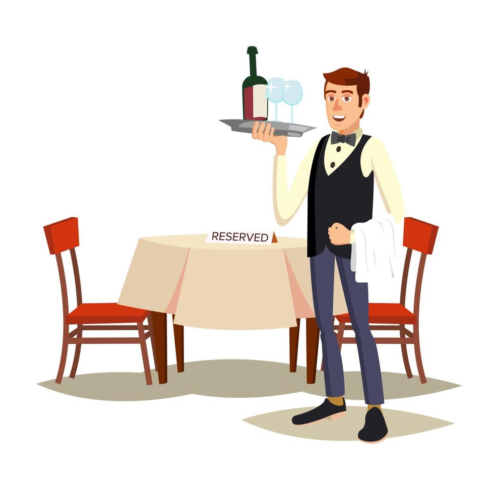 Waiter In Cafe Vector. Professional Waiter. Dinner Date. Food, Drink Concept. Isolated On White Cartoon Character Illustration vector