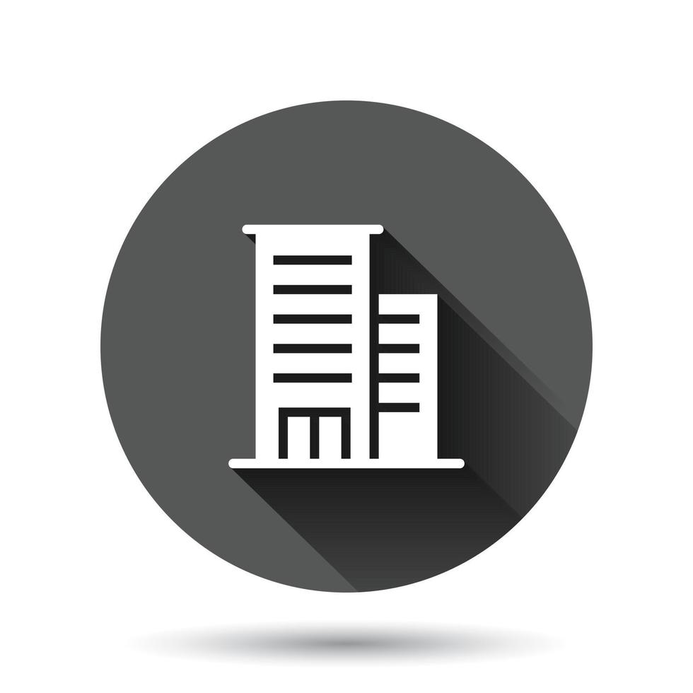 Building icon in flat style. Town skyscraper apartment vector illustration on black round background with long shadow effect. City tower circle button business concept.