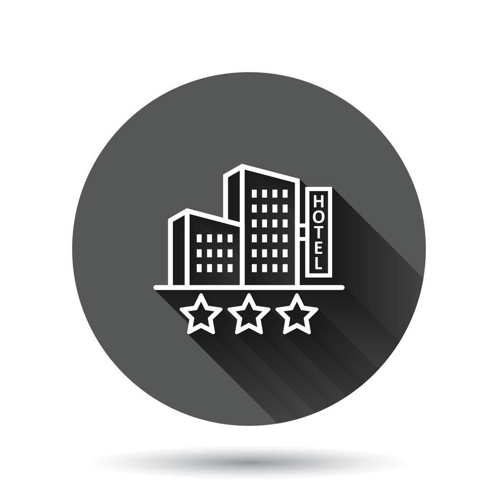 Hotel 3 stars sign icon in flat style. Inn building vector illustration on black round background with long shadow effect. Hostel room circle button business concept.