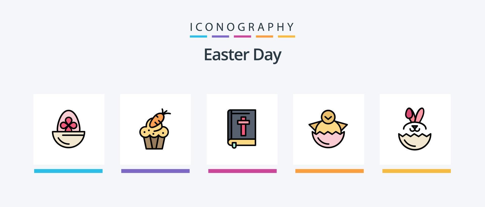 la línea de Pascua llenó el paquete de 5 iconos, incluida la planta. decoración. huevo. Conejo. conejito. diseño de iconos creativos vector