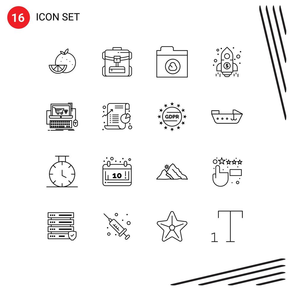 Outline Pack of 16 Universal Symbols of shop cart cloud rocket launch Editable Vector Design Elements