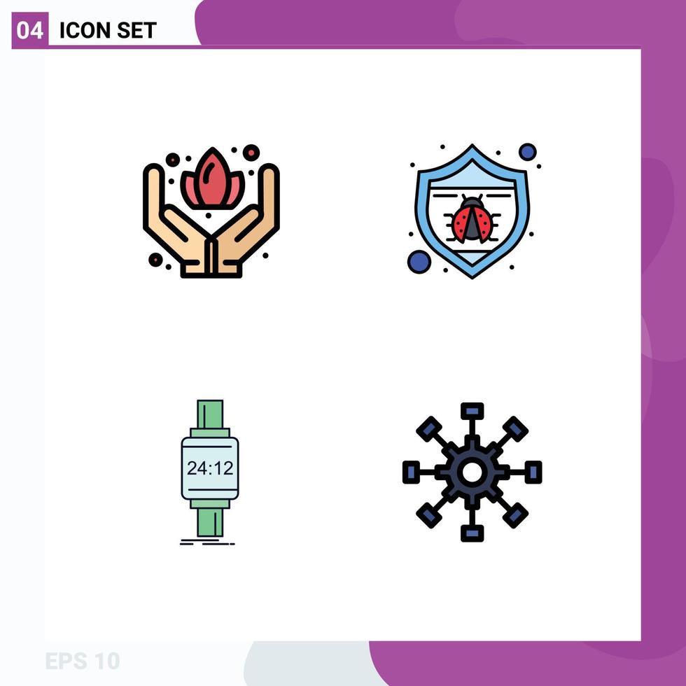 Mobile Interface Filledline Flat Color Set of 4 Pictograms of hand watch protection bug android Editable Vector Design Elements