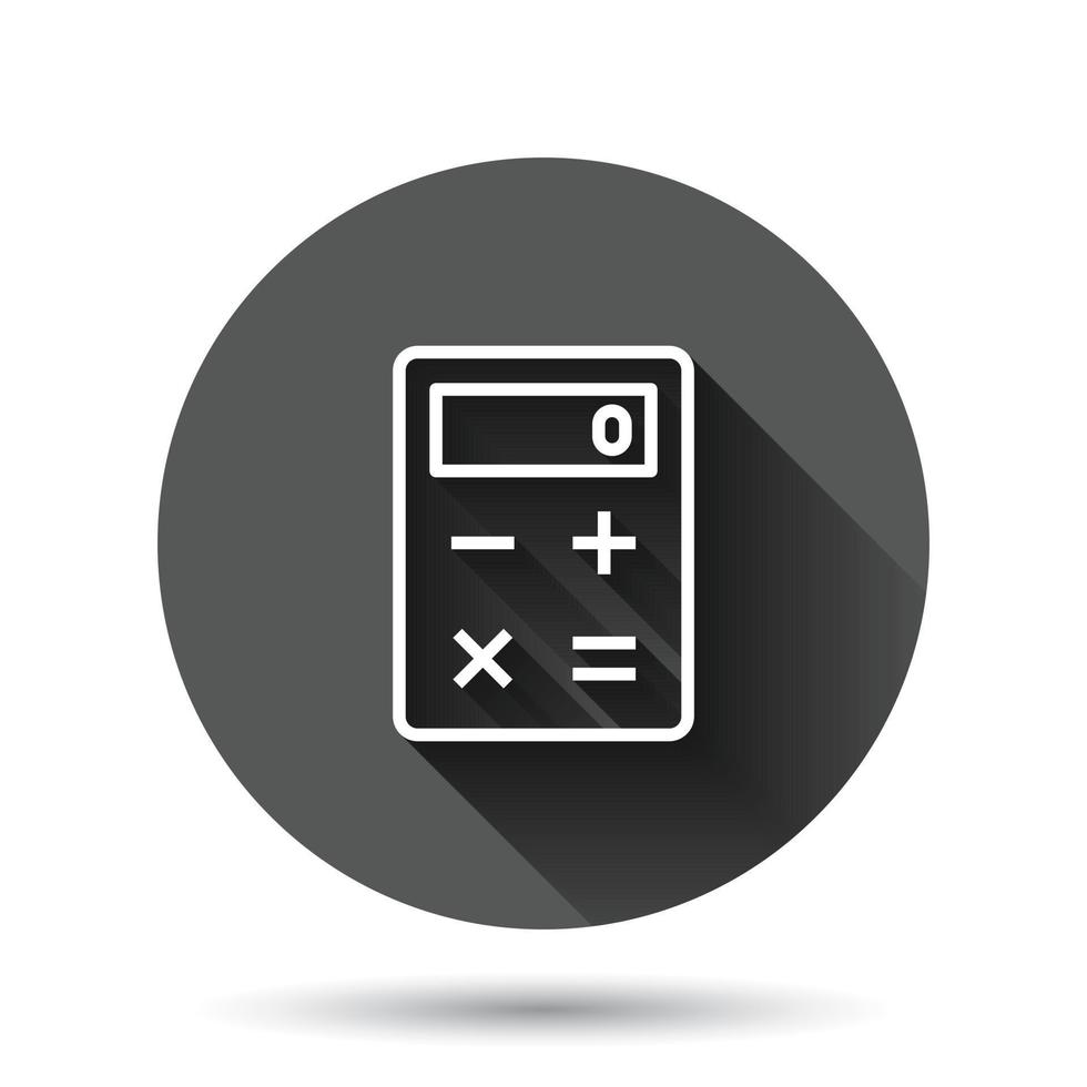 icono de calculadora en estilo plano. calcular la ilustración vectorial sobre fondo redondo negro con efecto de sombra larga. concepto de negocio de botón de círculo de cálculo. vector