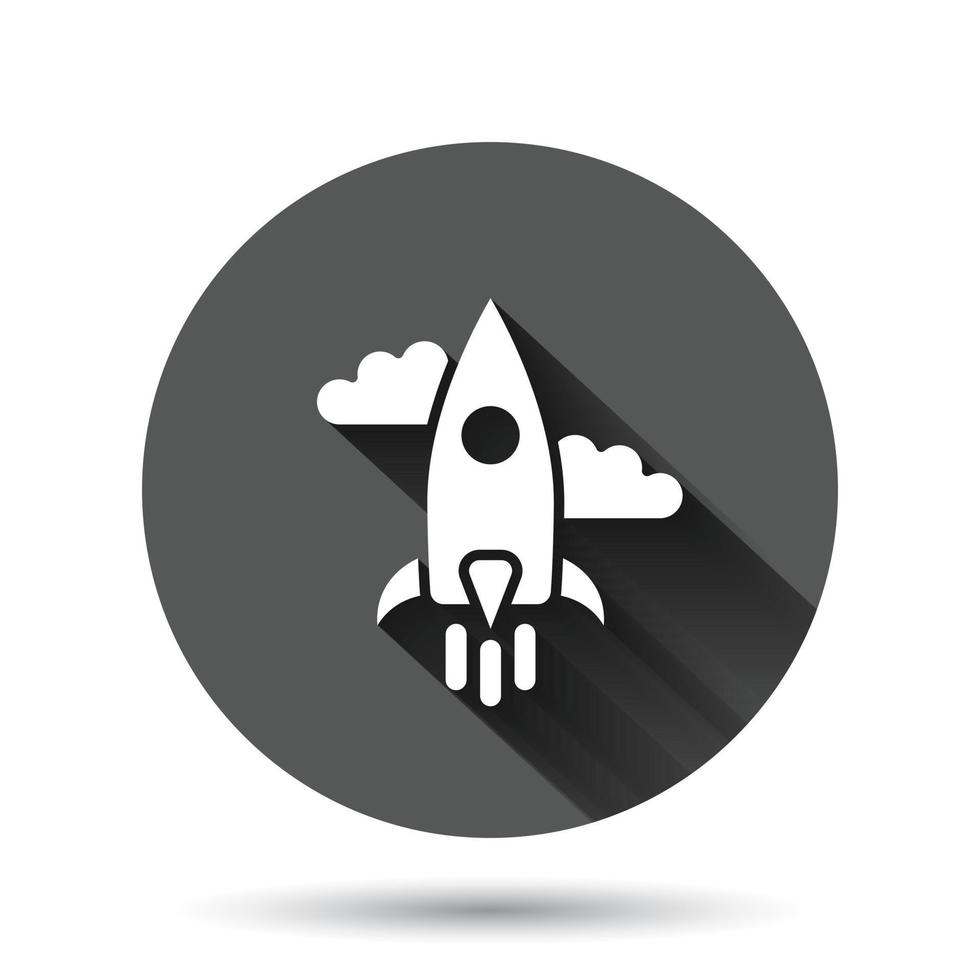 Rocket icon in flat style. Spaceship launch vector illustration on black round background with long shadow effect. Sputnik circle button business concept.