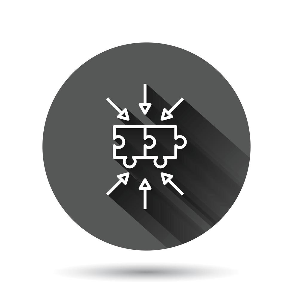 Puzzle jigsaw icon in flat style. Solution compatible vector illustration on black round background with long shadow effect. Combination circle button business concept.