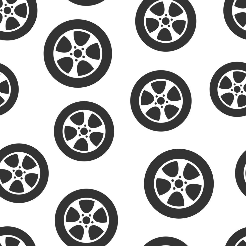 Car wheel icon in flat style. Vehicle part vector illustration on white isolated background. Tyre seamless pattern business concept.