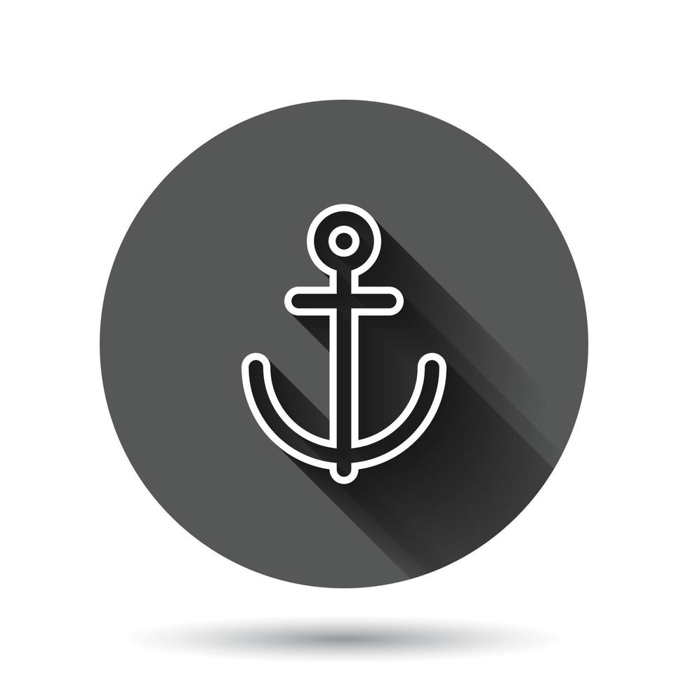 Boat anchor icon in flat style. Vessel hook vector illustration on black round background with long shadow effect. Ship equipment circle button business concept.