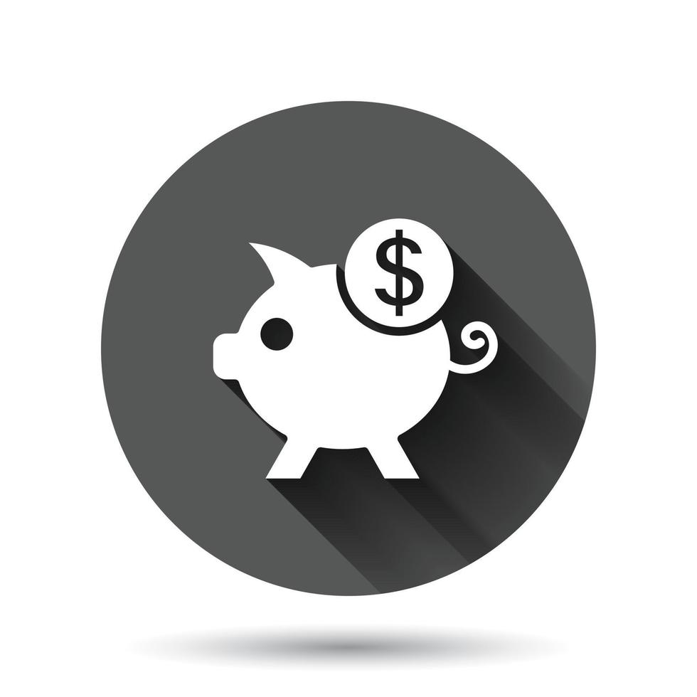 Money box icon in flat style. Pig container vector illustration on black round background with long shadow effect. Piggy bank circle button business concept.